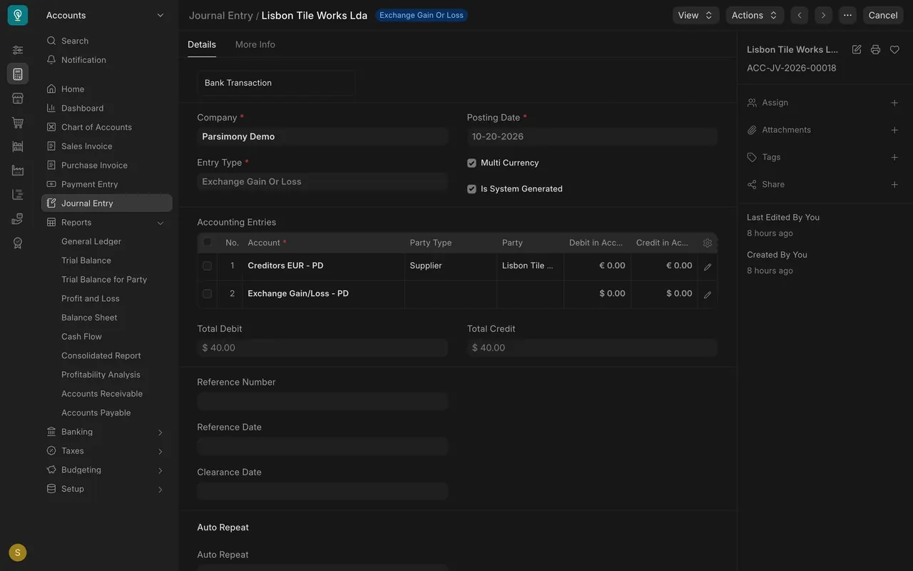 The journal booked for the paid part: Entry Type Exchange Gain Or Loss