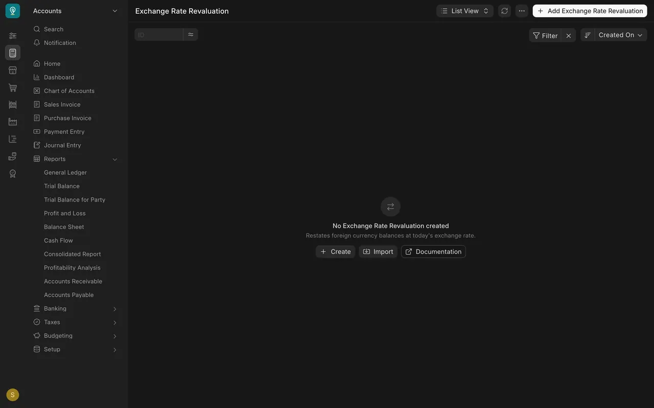 Exchange Rate Revaluation list, empty