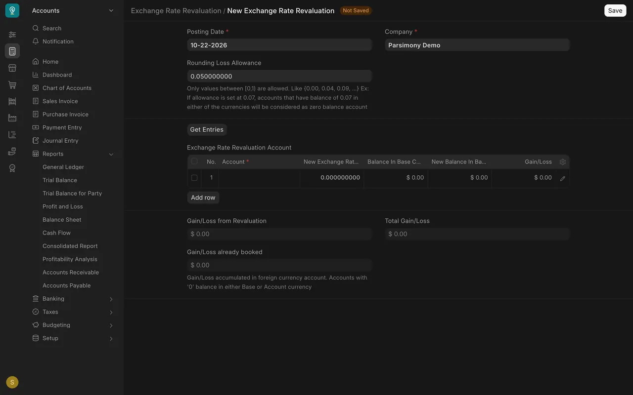 New Exchange Rate Revaluation form, not saved