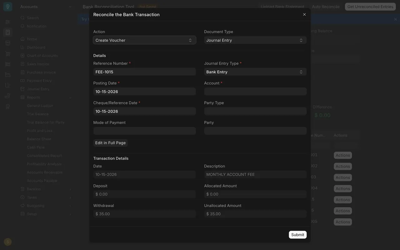 Create Voucher for the account fee