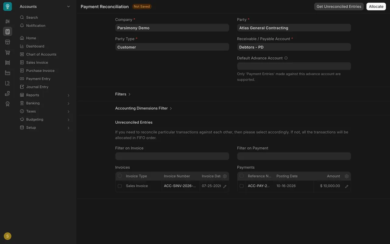 The invoice and the unmatched payment