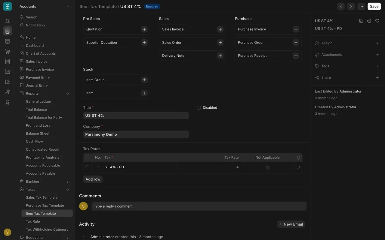 An Item Tax Template