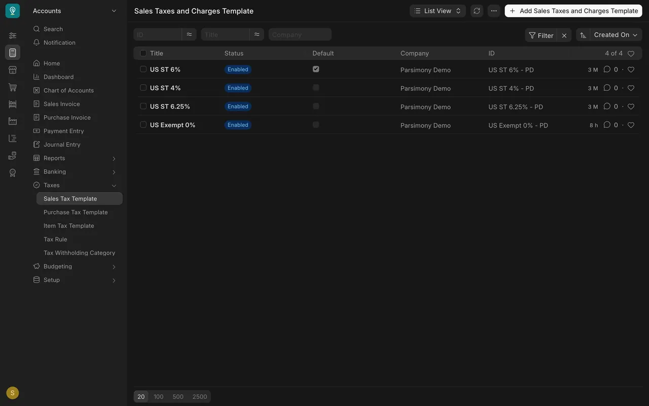 The Sales Tax Template list, with the Default tick