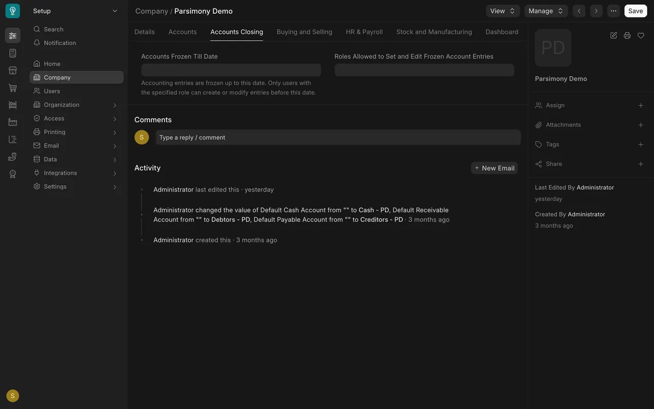 The Accounts Closing tab of the company record