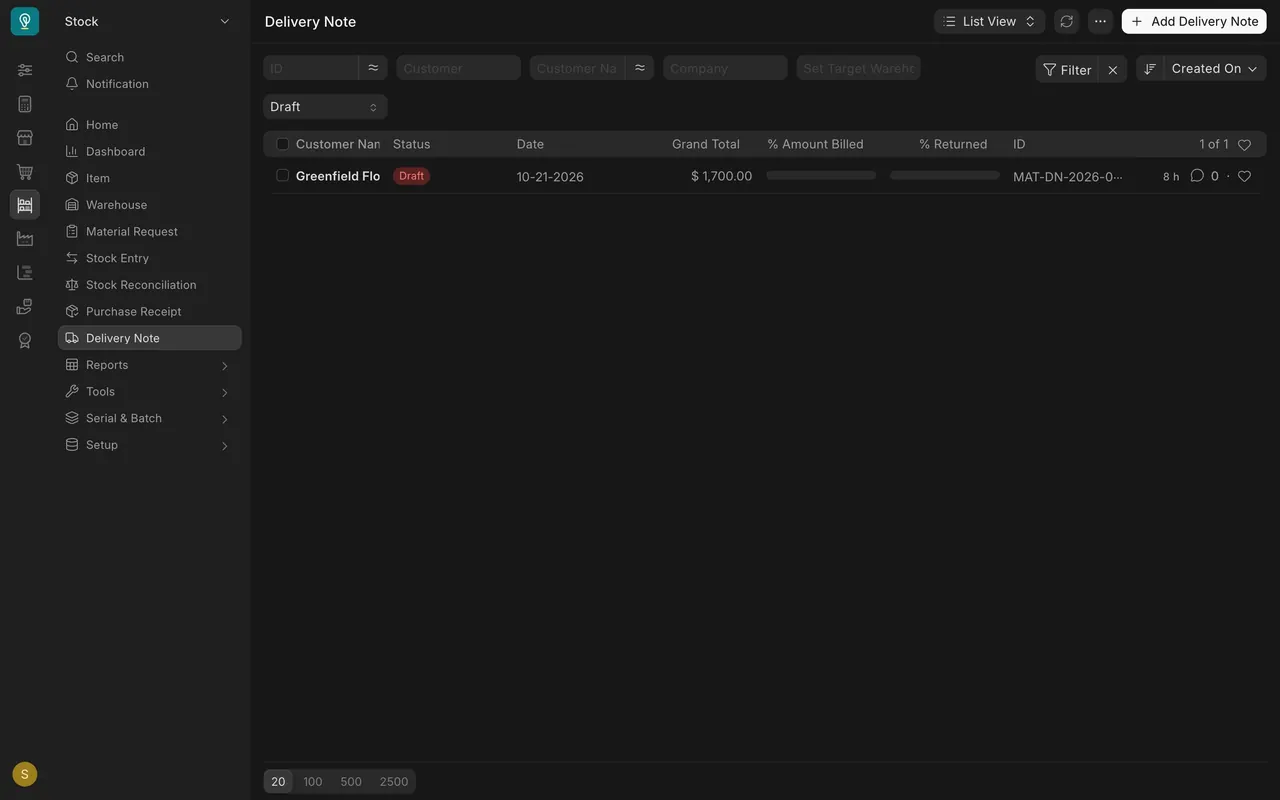 Delivery Note list filtered to Draft
