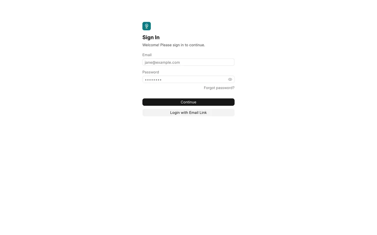The Sign In page: Email, Password, Forgot password?, Continue and Login with Email Link