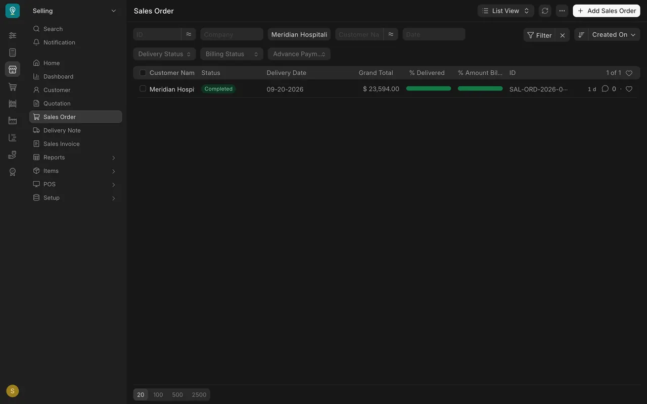 The Sales Order list filtered by Customer
