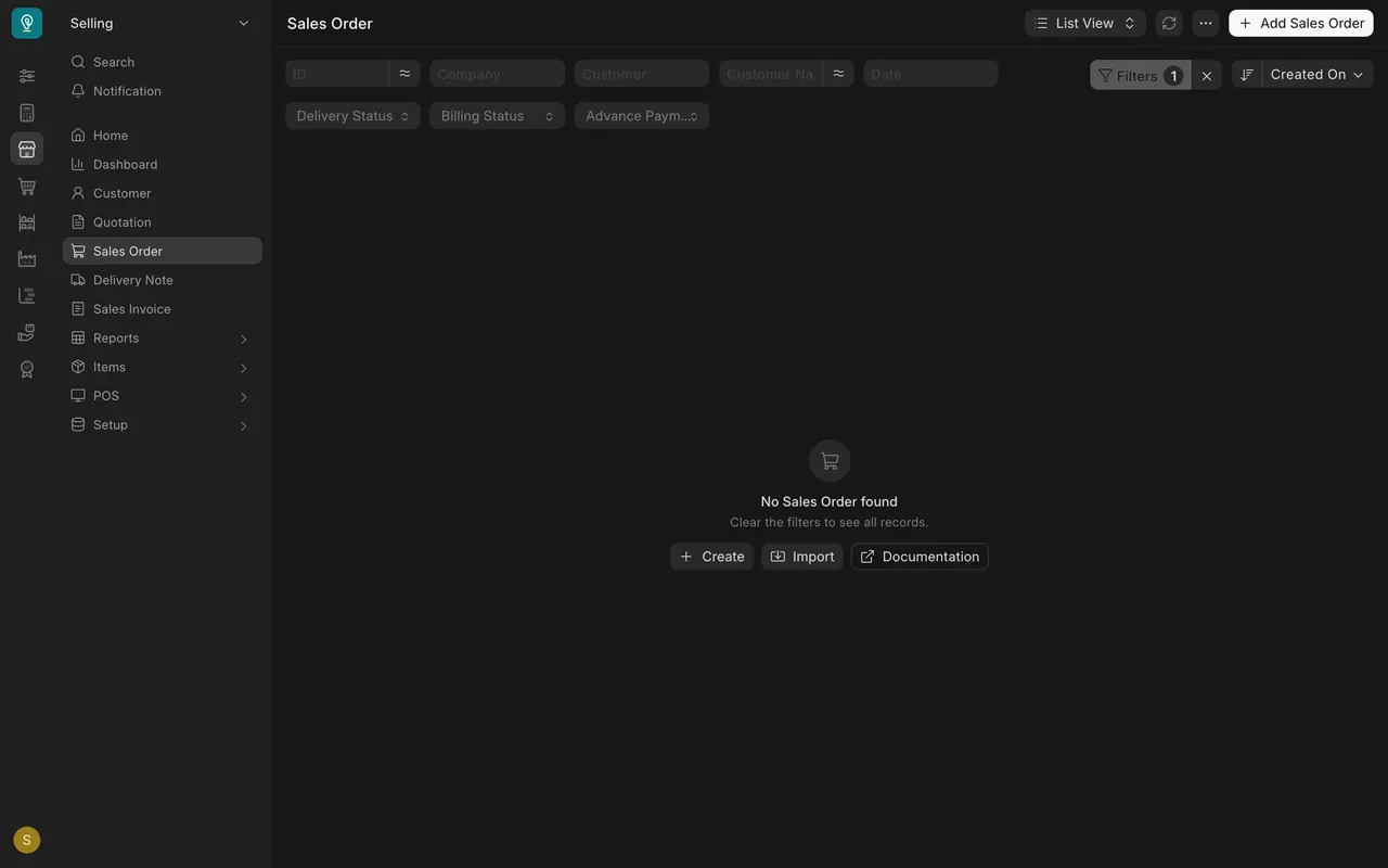 A filter that matches nothing: "No Sales Order found" with Filters 1 still on