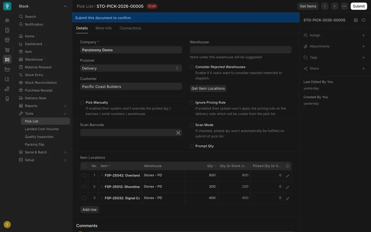 A draft Pick List: "Draft" beside the number, the banner "Submit this document to confirm", and "Submit" at the top right