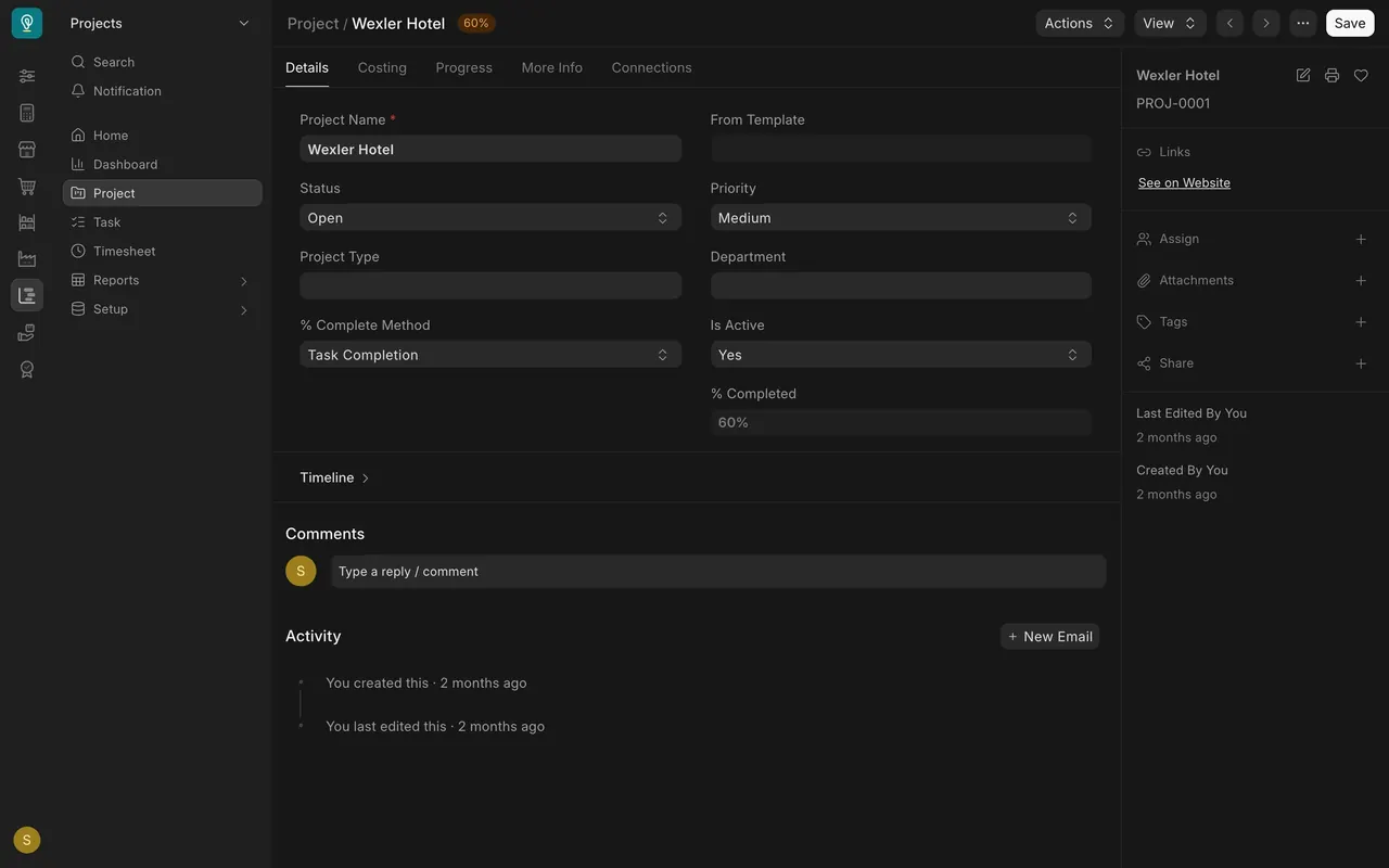 A Project: only "Save" at the top right