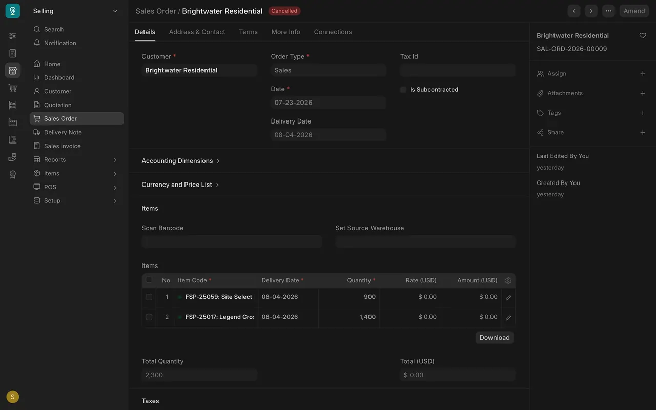 A cancelled Sales Order: "Cancelled" beside the title and "Amend" at the top right