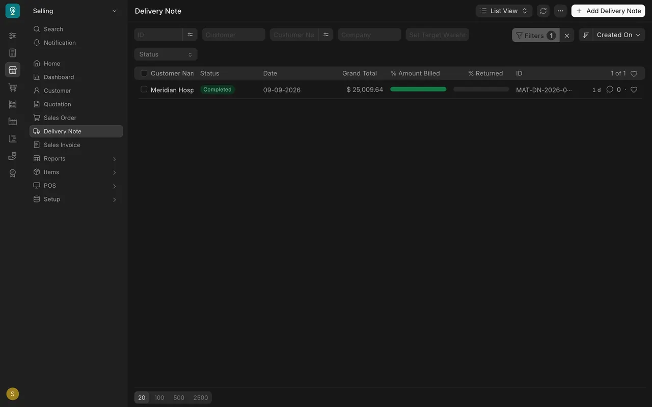 The Delivery Note list opened from Connections: filtered to one order, status Completed