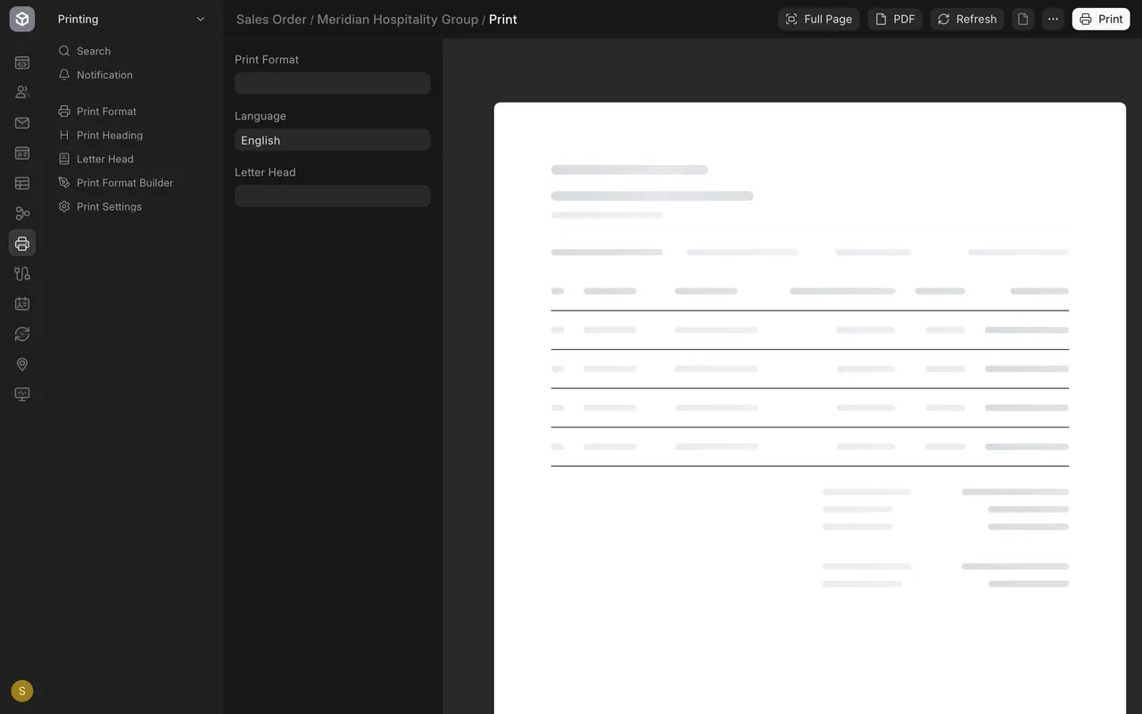 The print page: Print Format on the left, Full Page, PDF, Refresh and Print at the top