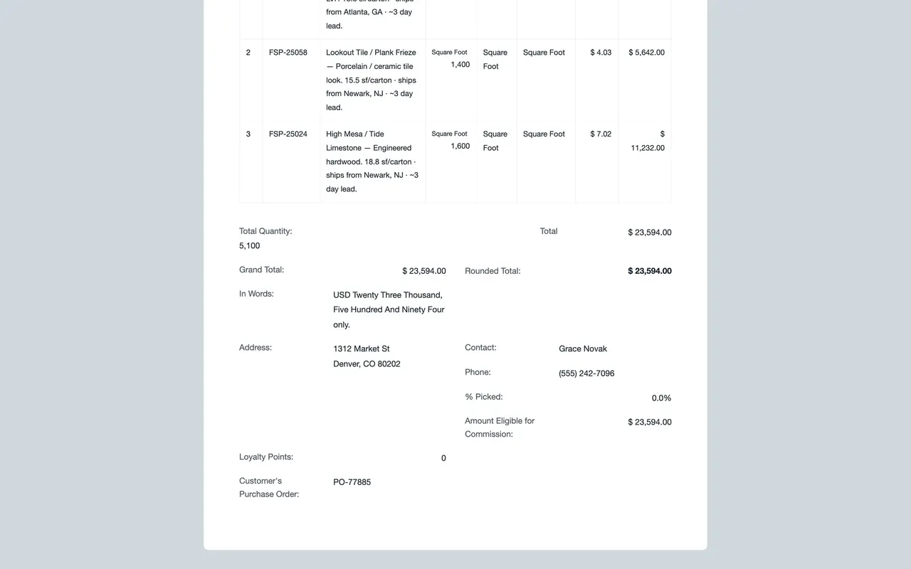 The bottom of the printed Sales Order: Grand Total, Rounded Total and In Words
