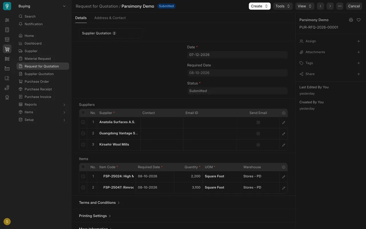 A Request for Quotation with its linked Supplier Quotations at the top