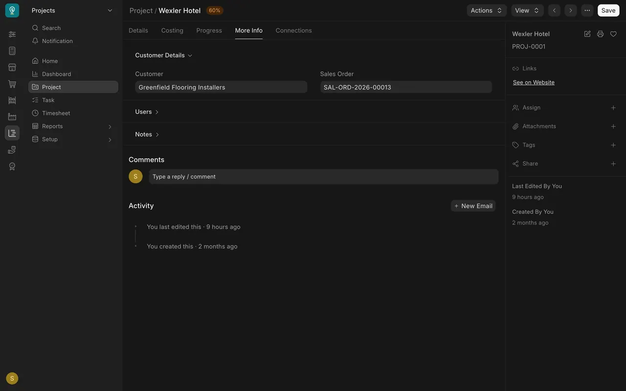Customer and sales order on the project