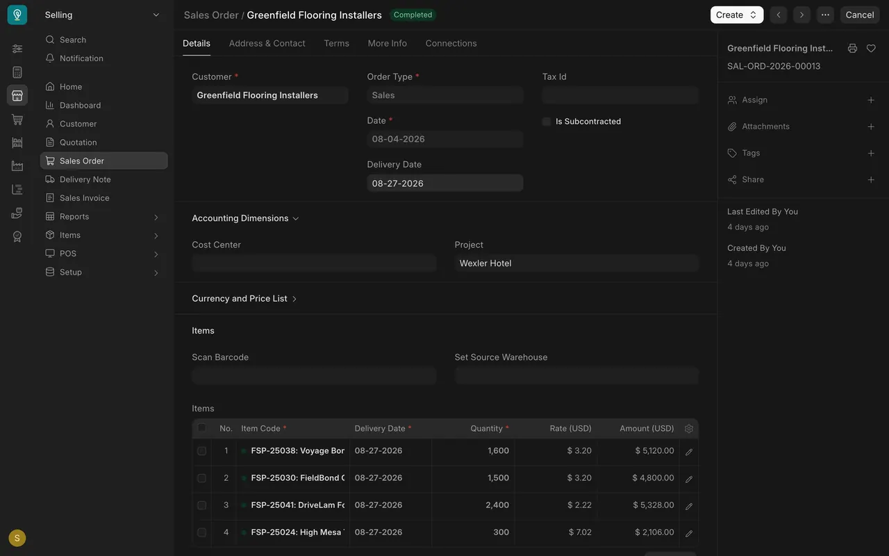 Sales order with the Project box