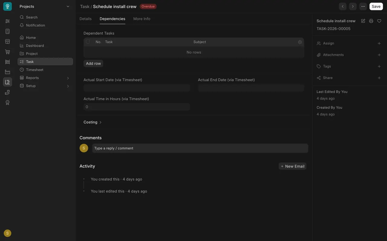The Dependencies tab with an empty Dependent Tasks table