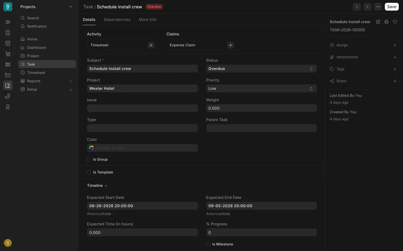 A task with status Overdue, its project and its dates