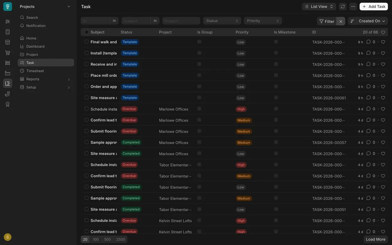The Task list with Status, Project and Priority columns