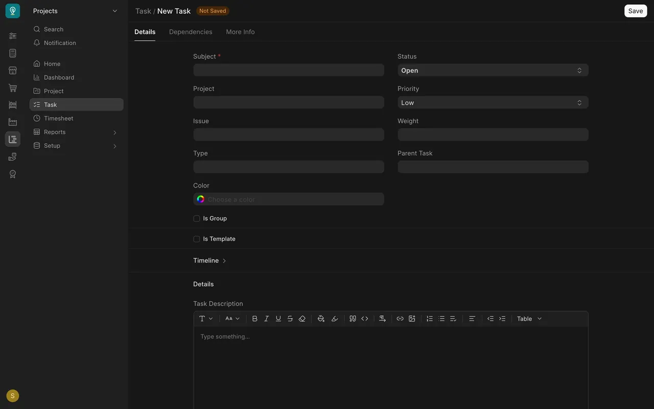 The blank Task form