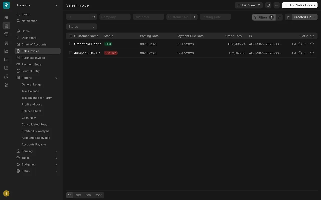 Filtered sales invoices