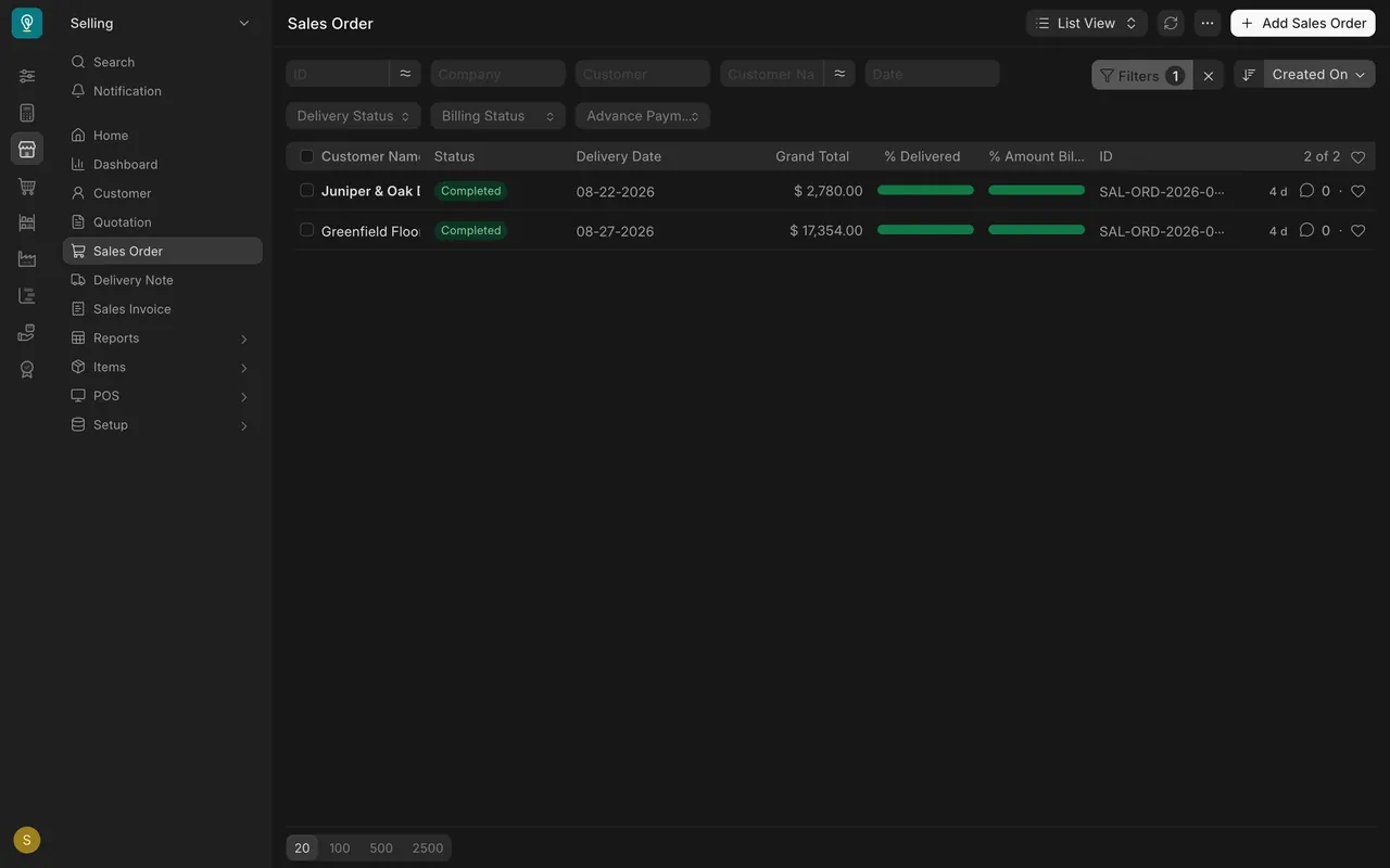 Filtered sales orders