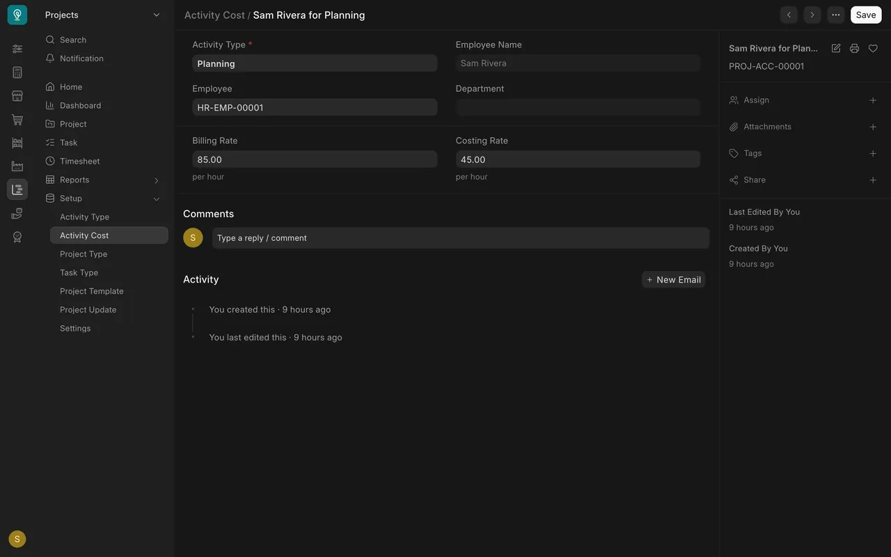 Activity Cost record