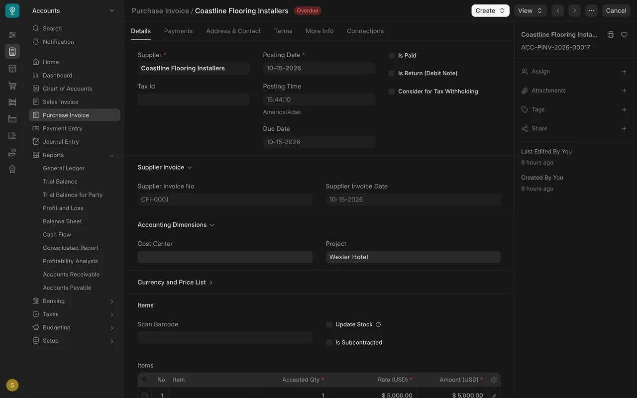 Purchase invoice project field