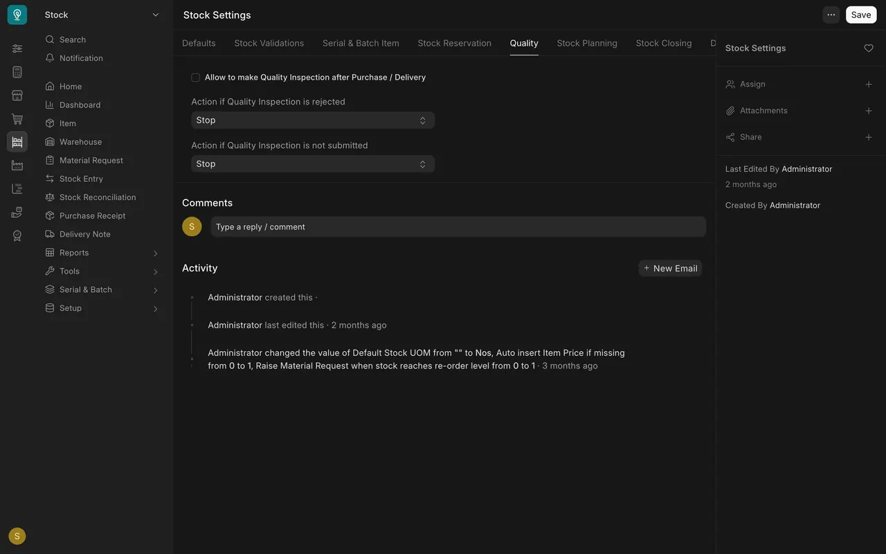 Stock Settings, Quality tab: both actions read Stop