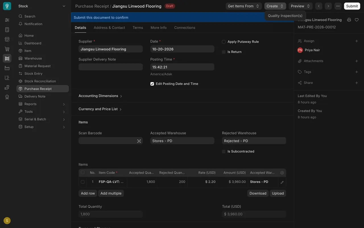 The Create menu on a draft receipt offers Quality Inspection(s)