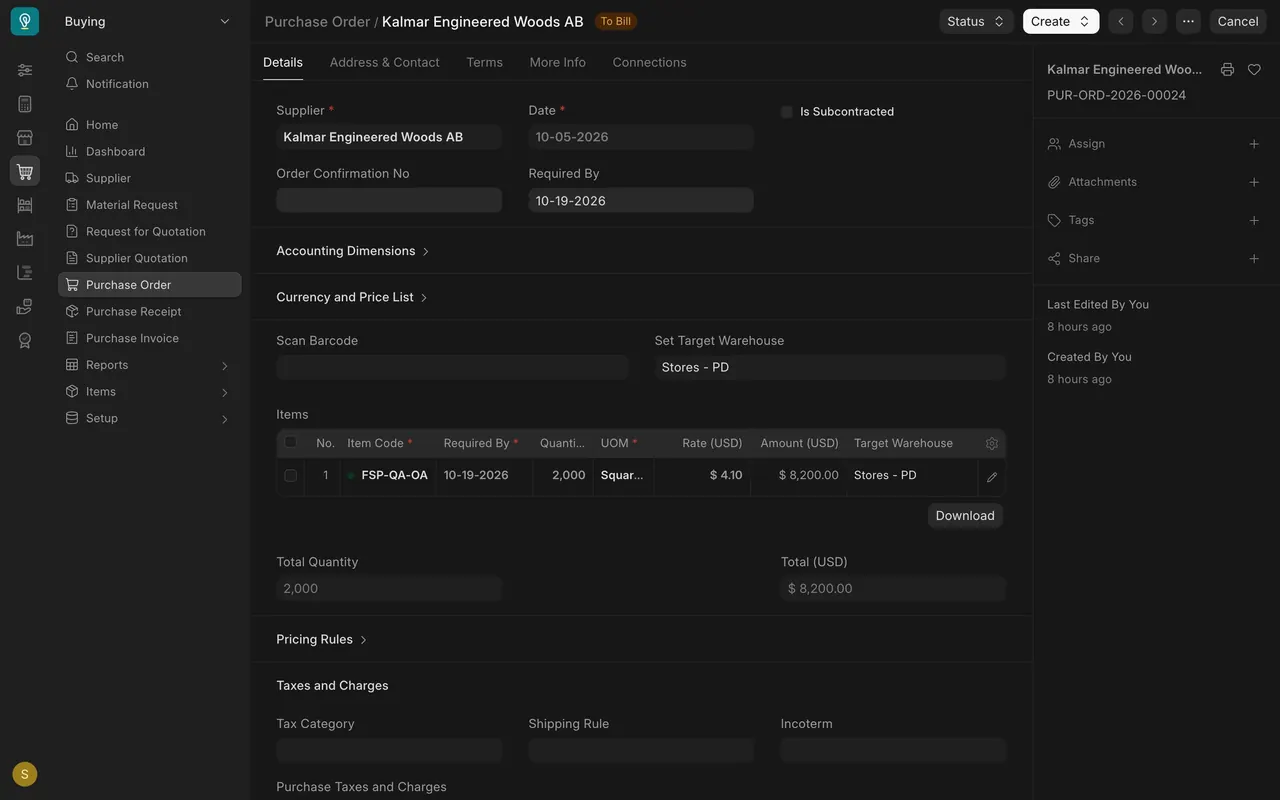 Purchase order for oak from Kalmar