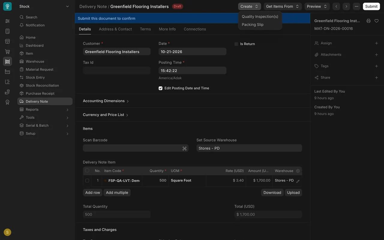 The Create menu on a draft delivery note
