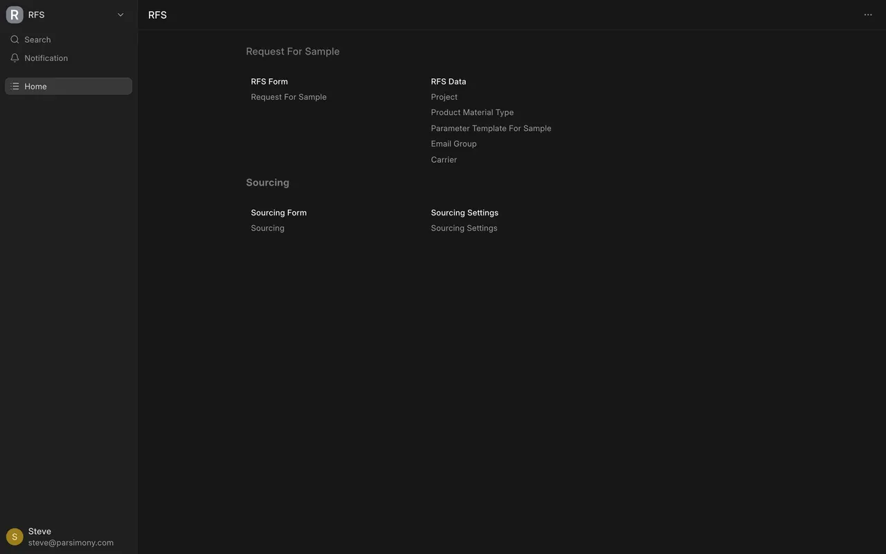 The Request For Sample workspace and its two sections