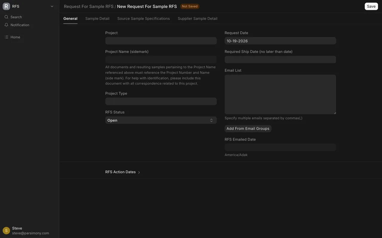 A new request on the General tab
