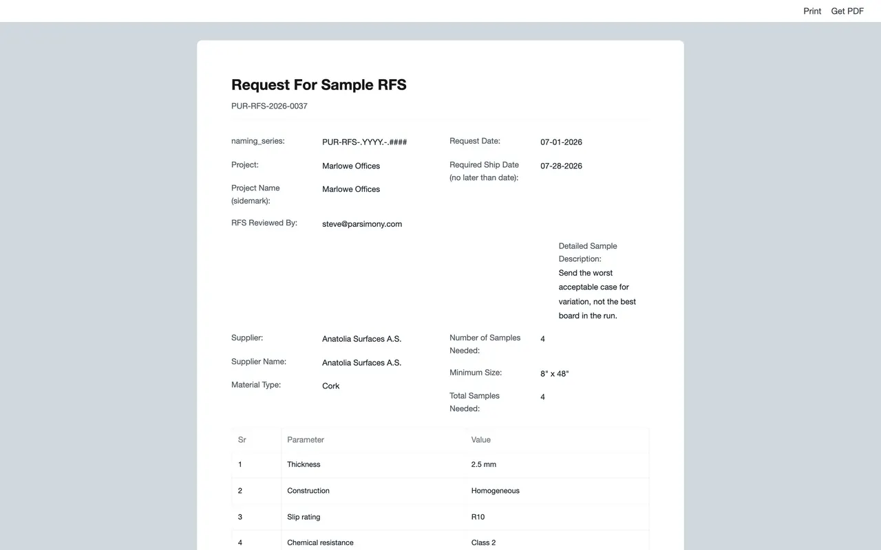 The print view of a Request For Sample