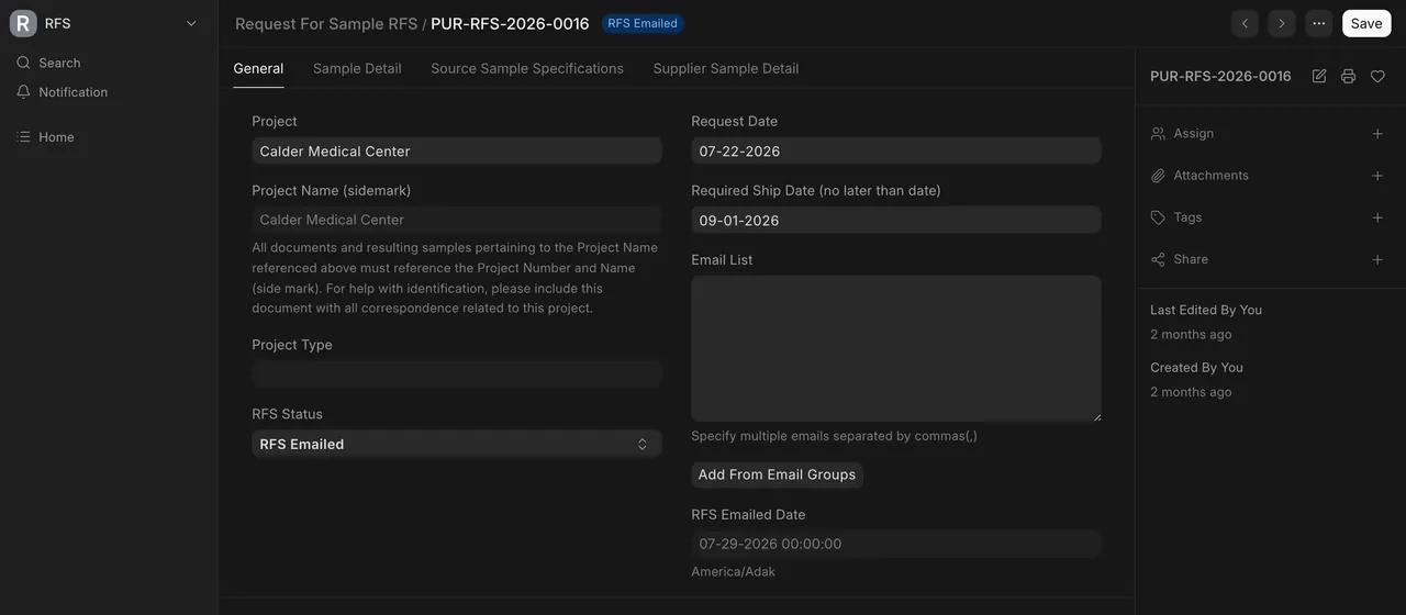 A request in RFS Emailed, with RFS Status and the read-only RFS Emailed Date
