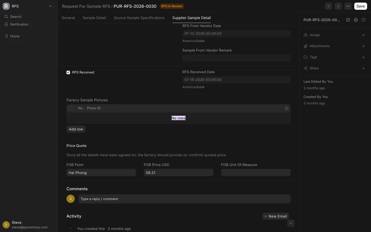 The Price Quote fields on a request in review