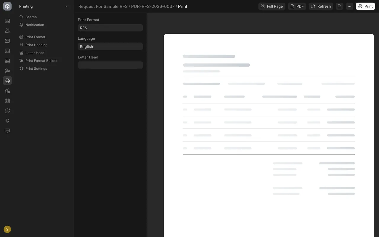 The print page with the RFS print format