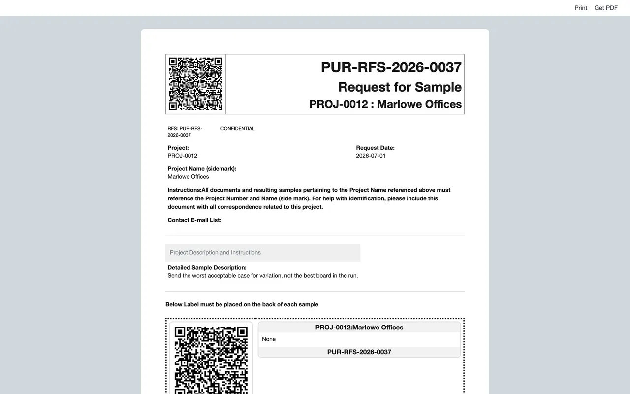 The printed request: header, description and sample label