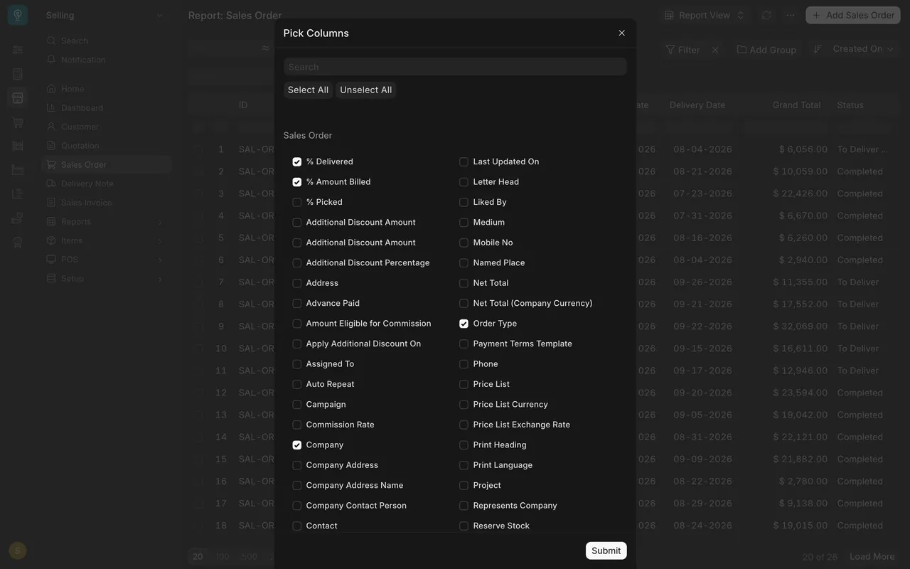 Pick Columns: a search box, Select All, Unselect All, one checkbox per field and a Submit button
