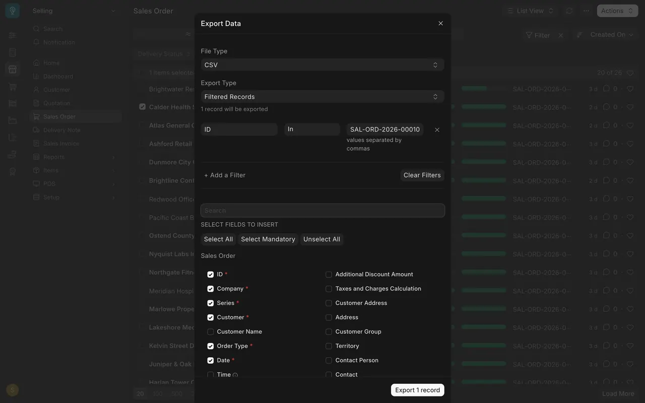 The Export Data box with File Type, Export Type and the field list