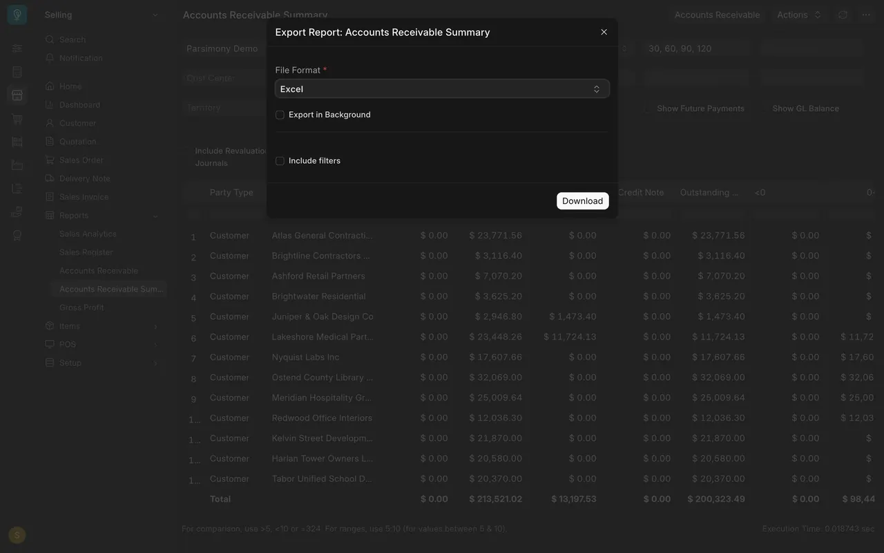 The Export Report box with File Format, Include filters and Download