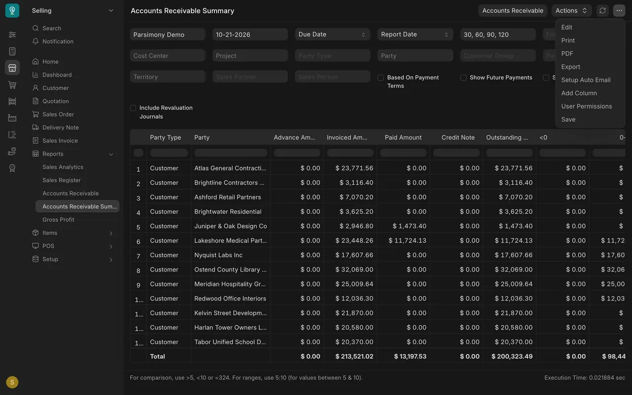 The three-dot menu open on Accounts Receivable Summary
