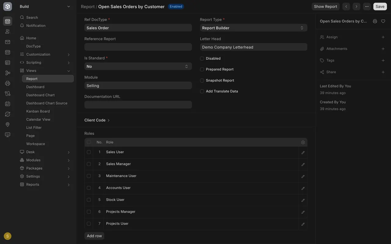 The report's page: Report Type, Roles and the Share entry