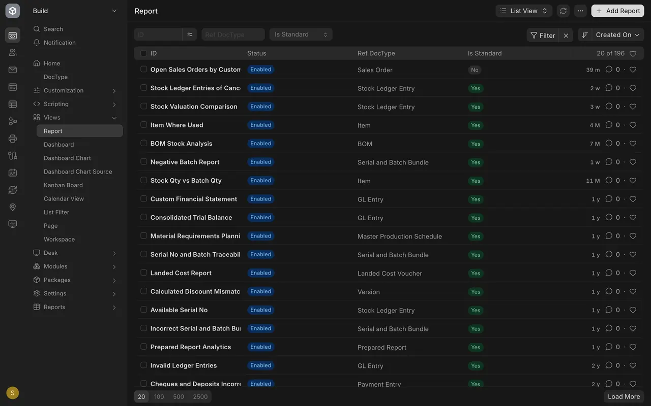 The Report list, with the example report at the top