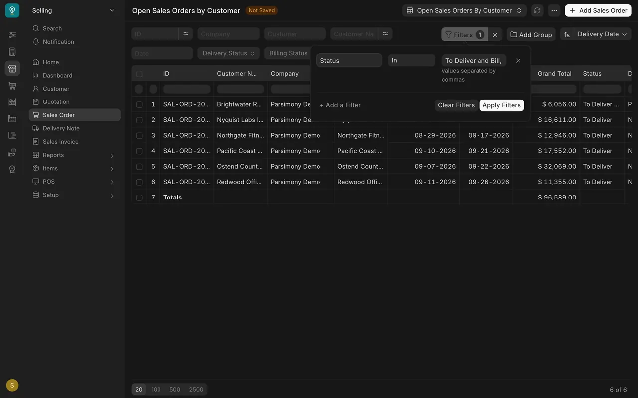 The Filters box of the saved report: Status, In, a list of open statuses