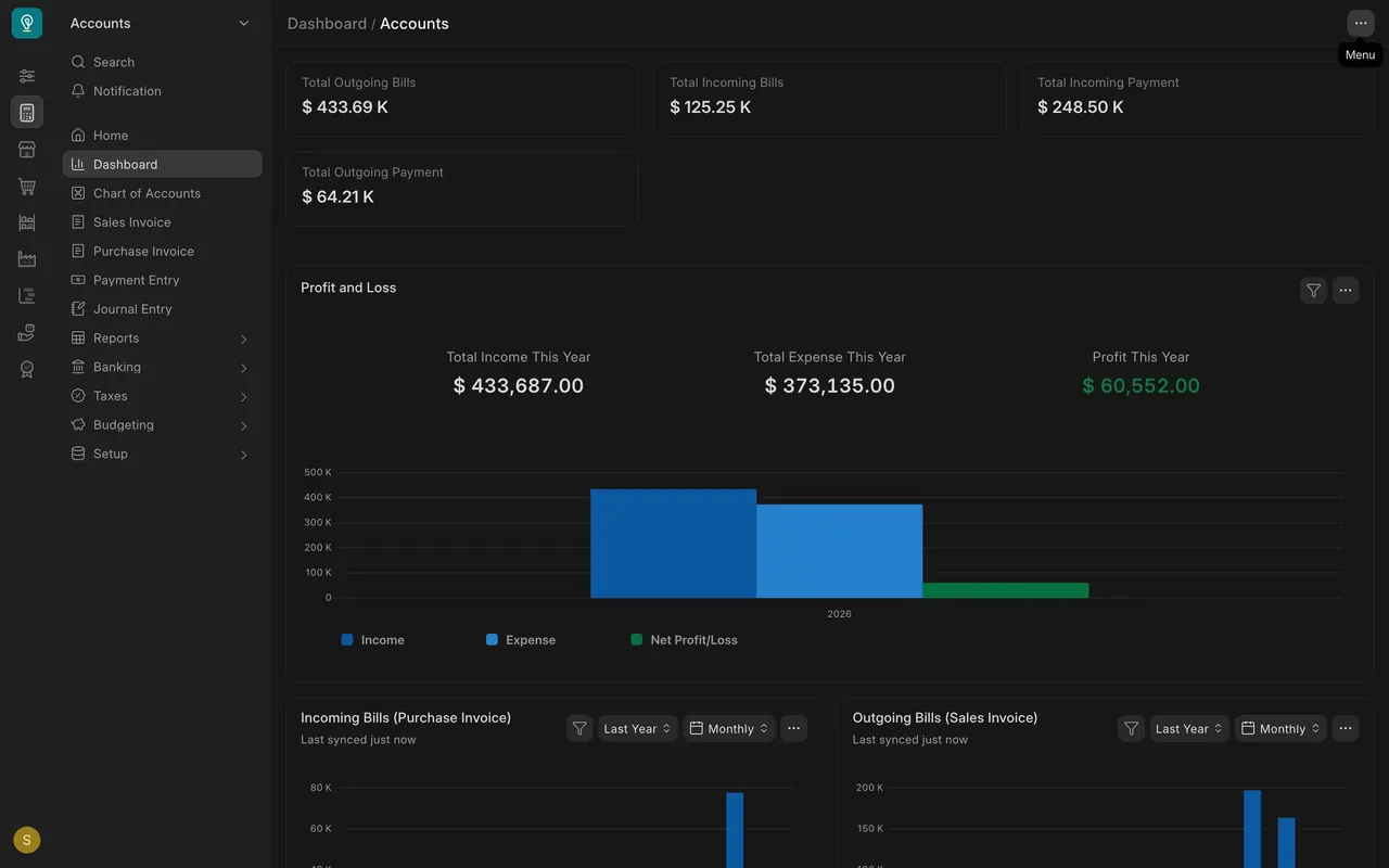 The Accounts dashboard with number cards and charts