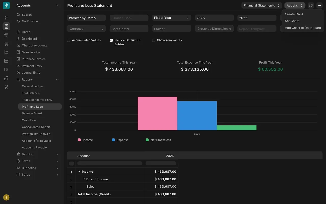 The Actions menu on a report