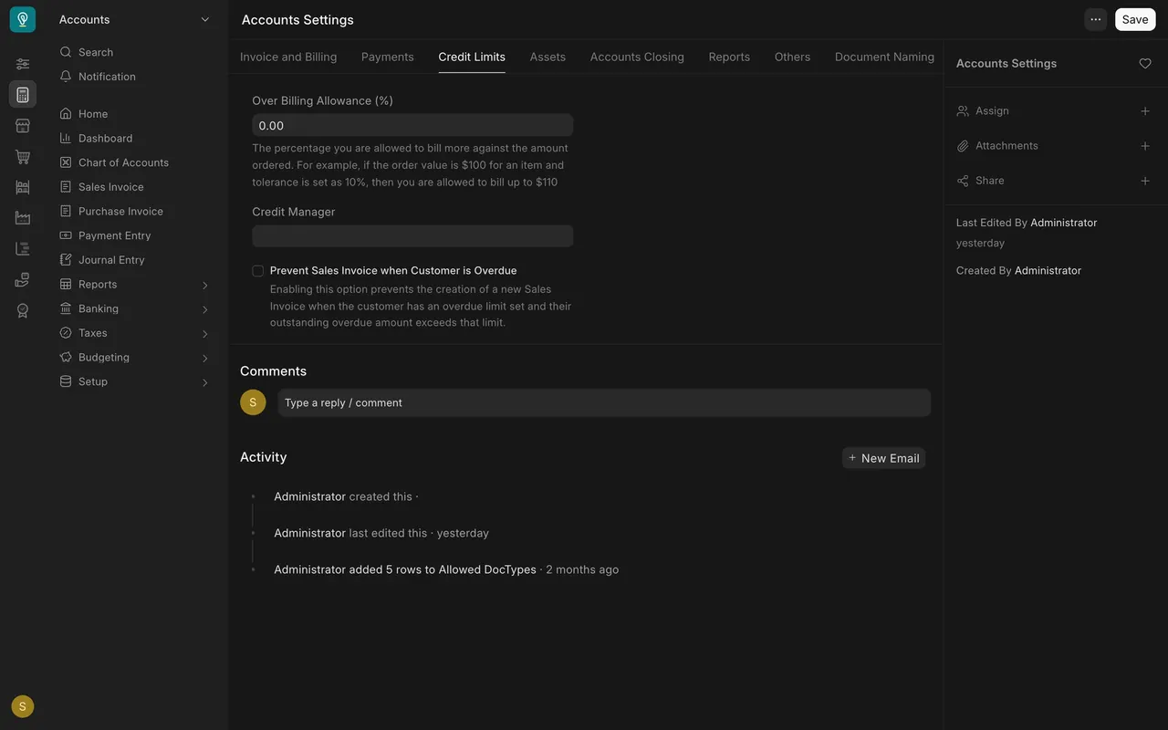 Accounts Settings, Credit Limits tab